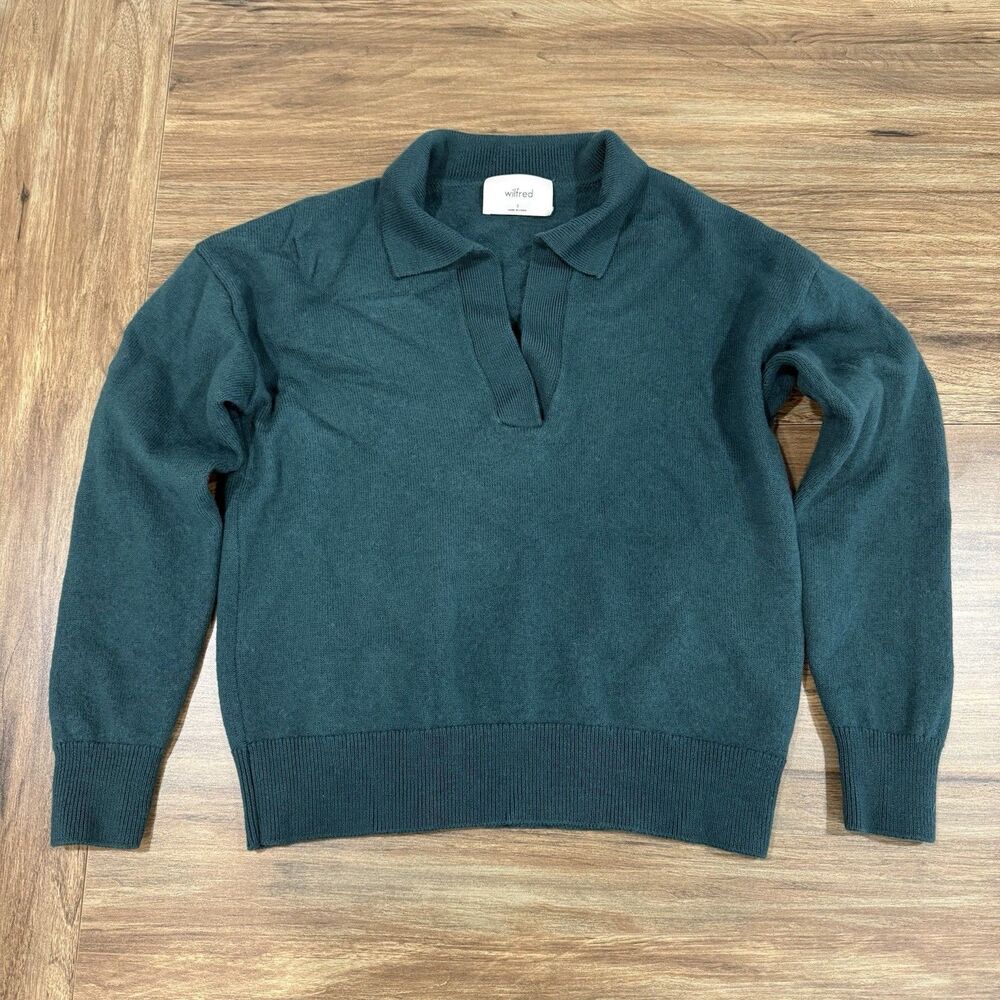 Aritzia Wilfred Forest Green 100% Merino Wool Waist VNeck Sweater Women Sz Small